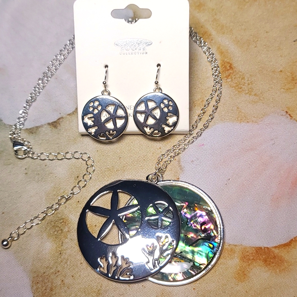 Carribean Ocean Necklace Earring Set Sandflower Coral Design W Abalone Shell Nwt 45$